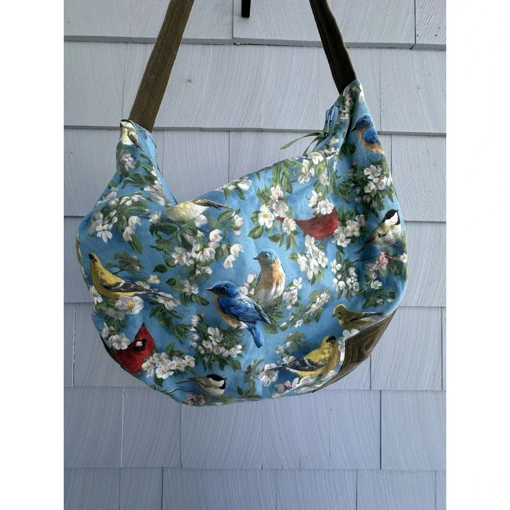 Sally Bag Bird Print Shoulder‎ Bag Floral Cotton Corduroy Trim Zip Hobo